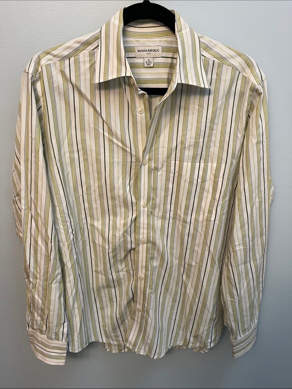 Banana Republic Men's White Shirt with Green and Tan Stripes
